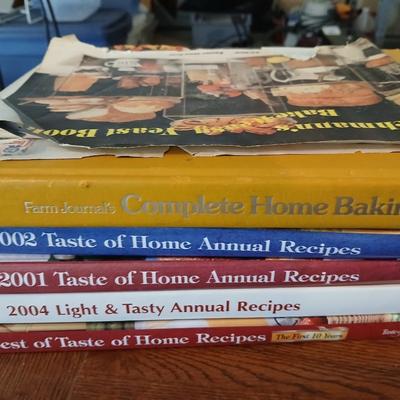 Mom's BIG popcorn bowl and two serving trays with some cookbooks