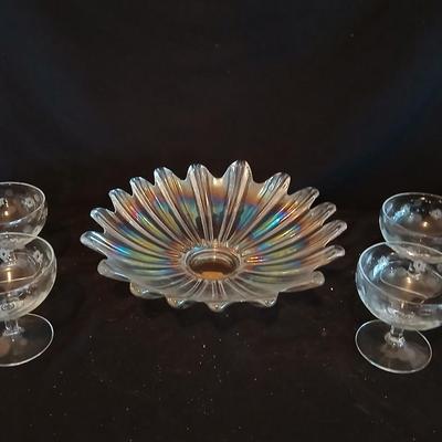 Federal glass Celestial Starburst Iridescent Bowl with four Depression Standard Glass Co. Criss Cross and Punty cut glasses