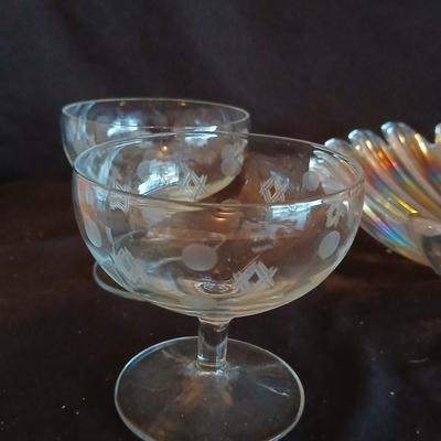Federal glass Celestial Starburst Iridescent Bowl with four Depression Standard Glass Co. Criss Cross and Punty cut glasses
