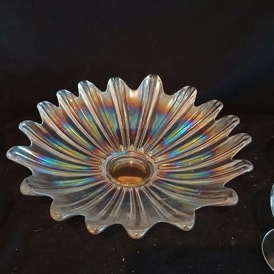 Federal glass Celestial Starburst Iridescent Bowl with four Depression Standard Glass Co. Criss Cross and Punty cut glasses