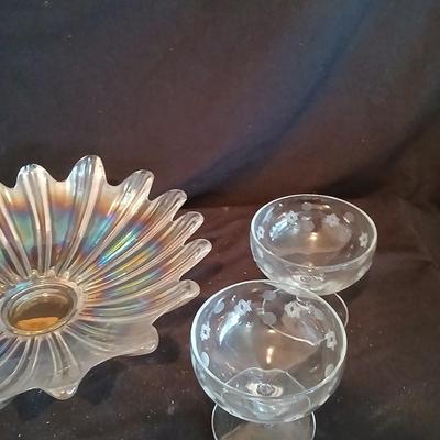Federal glass Celestial Starburst Iridescent Bowl with four Depression Standard Glass Co. Criss Cross and Punty cut glasses