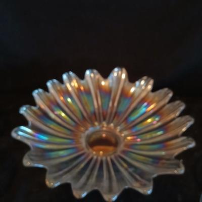 Federal glass Celestial Starburst Iridescent Bowl with four Depression Standard Glass Co. Criss Cross and Punty cut glasses