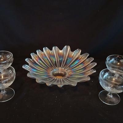 Federal glass Celestial Starburst Iridescent Bowl with four Depression Standard Glass Co. Criss Cross and Punty cut glasses