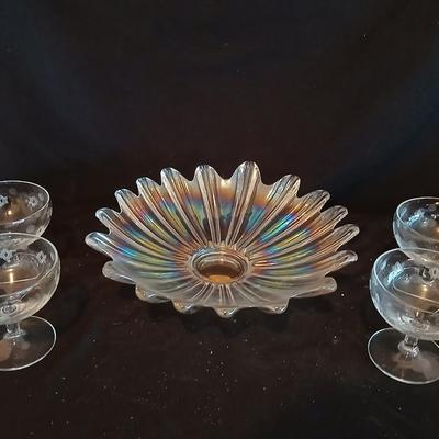 Federal glass Celestial Starburst Iridescent Bowl with four Depression Standard Glass Co. Criss Cross and Punty cut glasses