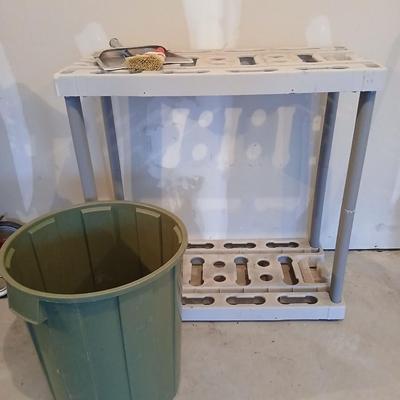 Garage organizer for Yard tools, a trash can and a dustpan with small whisk broom