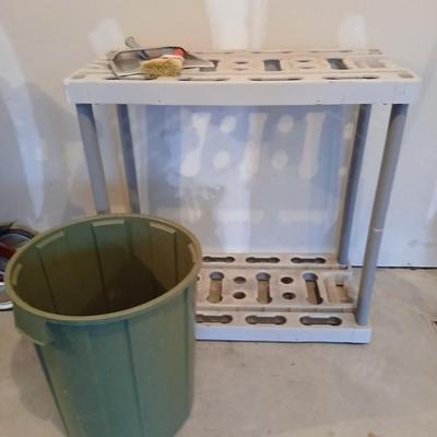 Garage organizer for Yard tools, a trash can and a dustpan with small whisk broom