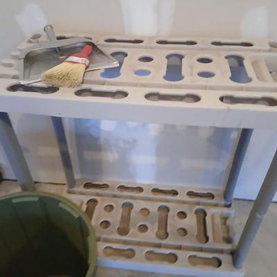 Garage organizer for Yard tools, a trash can and a dustpan with small whisk broom