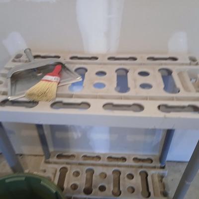 Garage organizer for Yard tools, a trash can and a dustpan with small whisk broom