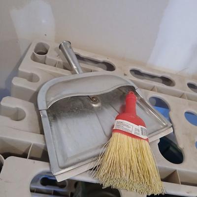 Garage organizer for Yard tools, a trash can and a dustpan with small whisk broom
