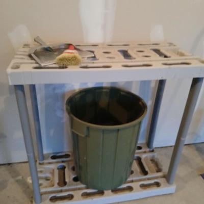 Garage organizer for Yard tools, a trash can and a dustpan with small whisk broom