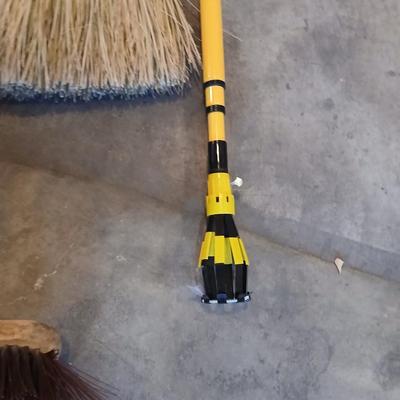 Push broom, straw broom, light bulb changing tool with attachments, a dustpan with whisk broom