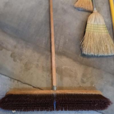 Push broom, straw broom, light bulb changing tool with attachments, a dustpan with whisk broom