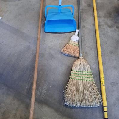 Push broom, straw broom, light bulb changing tool with attachments, a dustpan with whisk broom