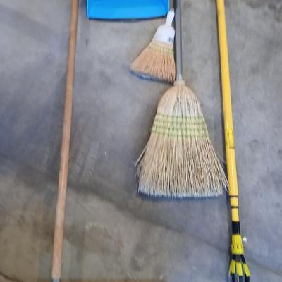 Push broom, straw broom, light bulb changing tool with attachments, a dustpan with whisk broom