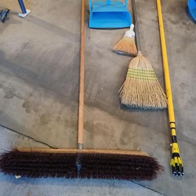 Push broom, straw broom, light bulb changing tool with attachments, a dustpan with whisk broom