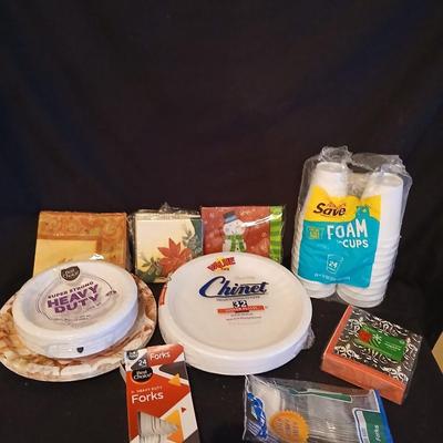 Paper kitchen products, Plates, napkins, cups and plastic silverware