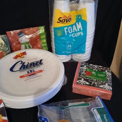 Paper kitchen products, Plates, napkins, cups and plastic silverware