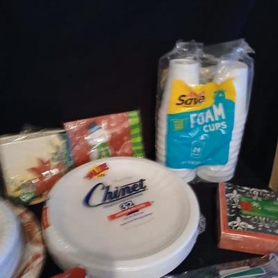 Paper kitchen products, Plates, napkins, cups and plastic silverware