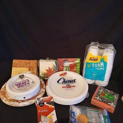 Paper kitchen products, Plates, napkins, cups and plastic silverware