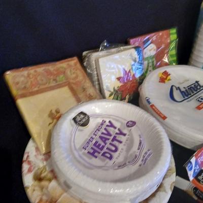 Paper kitchen products, Plates, napkins, cups and plastic silverware