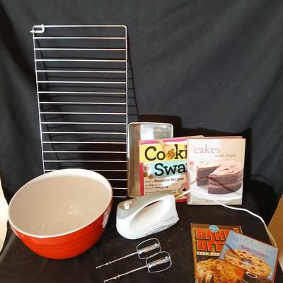 Baking pans, with large glass mixing bowl, cooling rack, and Kitchen Gourmet electric mixer
