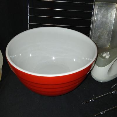 Baking pans, with large glass mixing bowl, cooling rack, and Kitchen Gourmet electric mixer