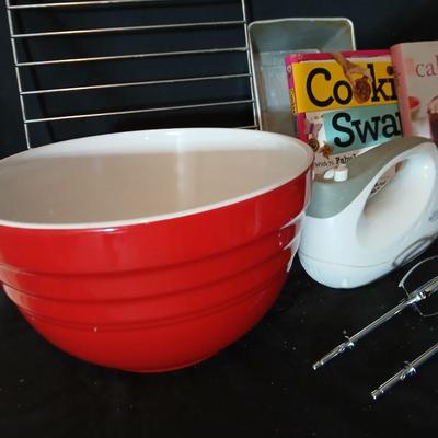 Baking pans, with large glass mixing bowl, cooling rack, and Kitchen Gourmet electric mixer