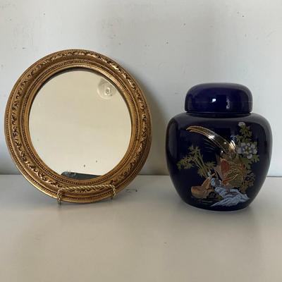 334 Vintage Ornate Gold Mirror & Blue Floral Ginger Jar