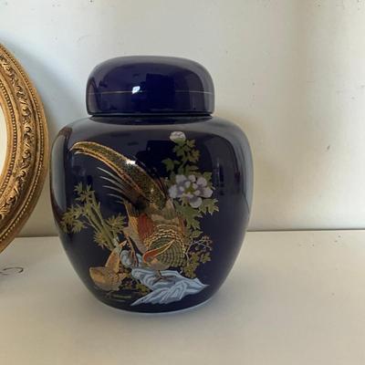 334 Vintage Ornate Gold Mirror & Blue Floral Ginger Jar