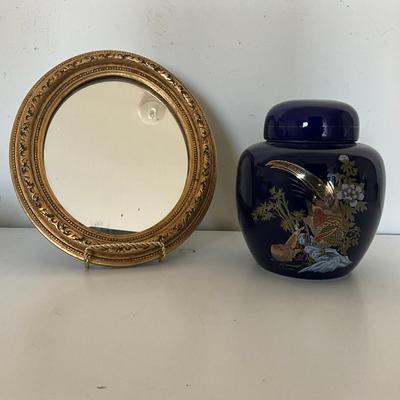334 Vintage Ornate Gold Mirror & Blue Floral Ginger Jar