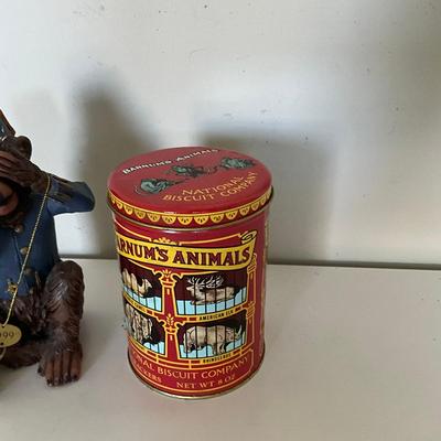 335 Vintage Collectible Pair "See-No-Evil" Monkey Figurine With Barnum's Animal Crackeers Tin