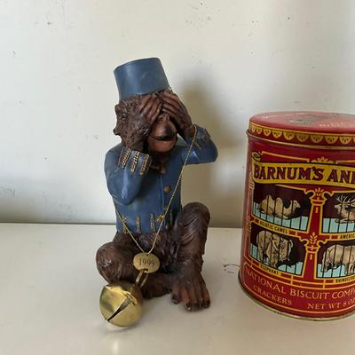 335 Vintage Collectible Pair "See-No-Evil" Monkey Figurine With Barnum's Animal Crackeers Tin