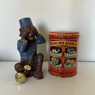 335 Vintage Collectible Pair "See-No-Evil" Monkey Figurine With Barnum's Animal Crackeers Tin