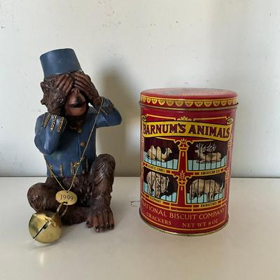 335 Vintage Collectible Pair "See-No-Evil" Monkey Figurine With Barnum's Animal Crackeers Tin