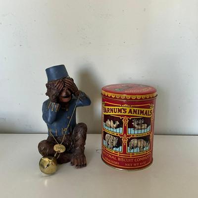 335 Vintage Collectible Pair "See-No-Evil" Monkey Figurine With Barnum's Animal Crackeers Tin