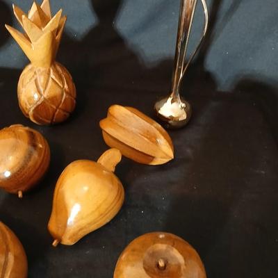 Chinese bowl with wooden fruit and a brass bud vase