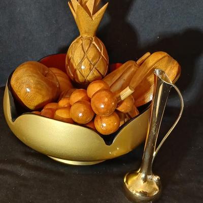 Chinese bowl with wooden fruit and a brass bud vase