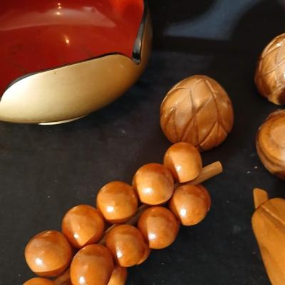 Chinese bowl with wooden fruit and a brass bud vase