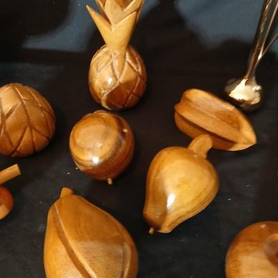 Chinese bowl with wooden fruit and a brass bud vase
