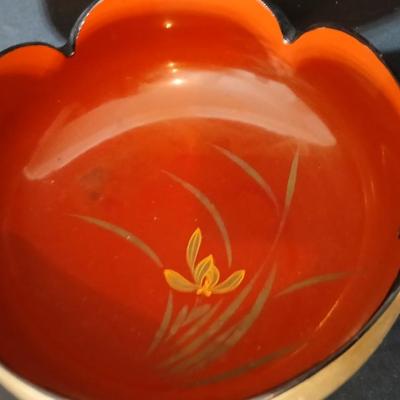 Chinese bowl with wooden fruit and a brass bud vase