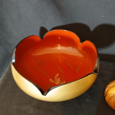 Chinese bowl with wooden fruit and a brass bud vase