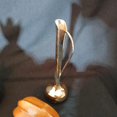 Chinese bowl with wooden fruit and a brass bud vase