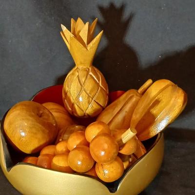 Chinese bowl with wooden fruit and a brass bud vase