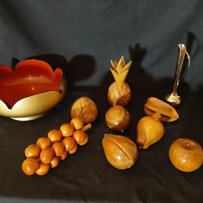 Chinese bowl with wooden fruit and a brass bud vase