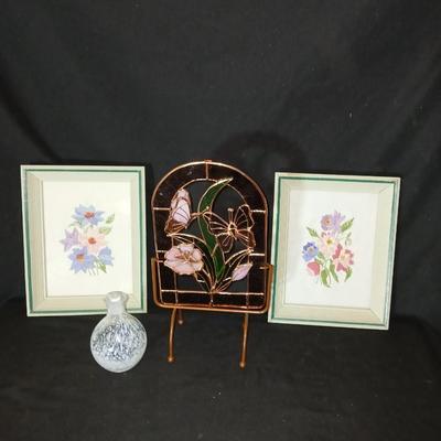 3-D-Stained glass butterfly with stand - two embroidered framed flower wall art, and a blown glass vase