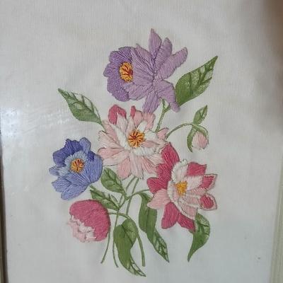 3-D-Stained glass butterfly with stand - two embroidered framed flower wall art, and a blown glass vase