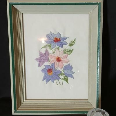 3-D-Stained glass butterfly with stand - two embroidered framed flower wall art, and a blown glass vase