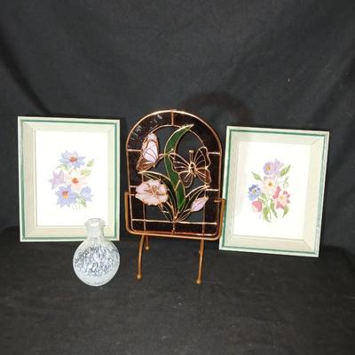3-D-Stained glass butterfly with stand - two embroidered framed flower wall art, and a blown glass vase