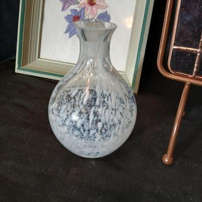 3-D-Stained glass butterfly with stand - two embroidered framed flower wall art, and a blown glass vase