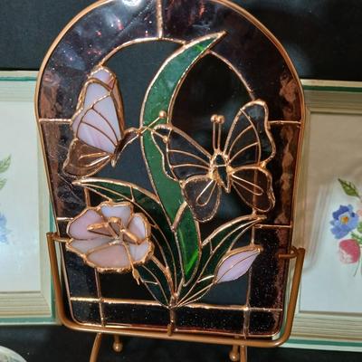 3-D-Stained glass butterfly with stand - two embroidered framed flower wall art, and a blown glass vase